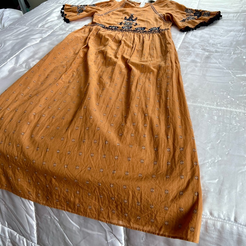 Zara TRF Woman Embroidered Mustard Midi Dress - Picture 4 of 15